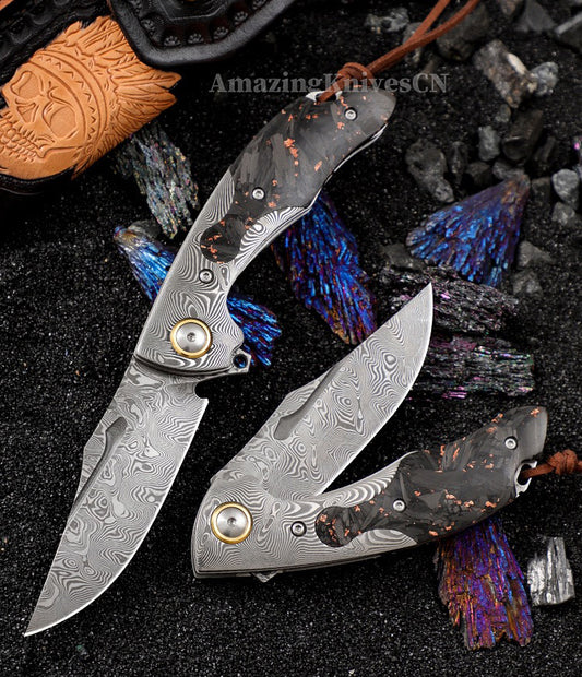 Premium Collectible VG10 Damascus Pocket Knife Carbon Fiber with Leather Sheath - AK-HT0985