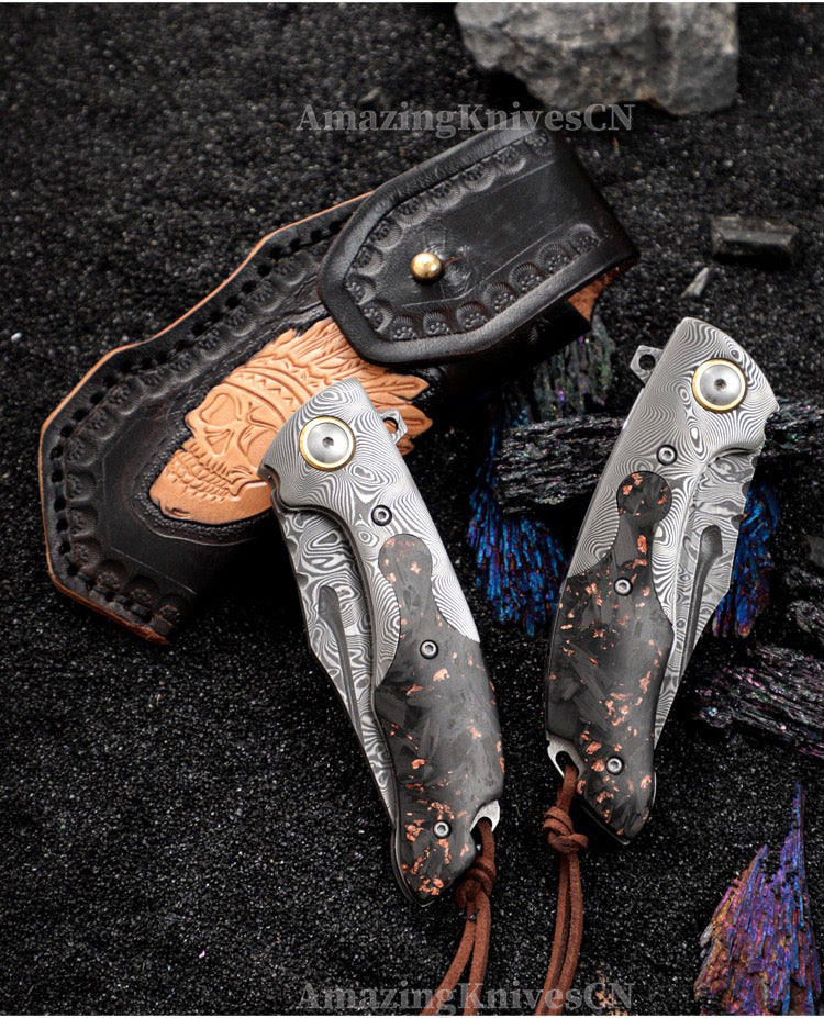 Premium Collectible VG10 Damascus Pocket Knife Carbon Fiber with Leather Sheath - AK-HT0985