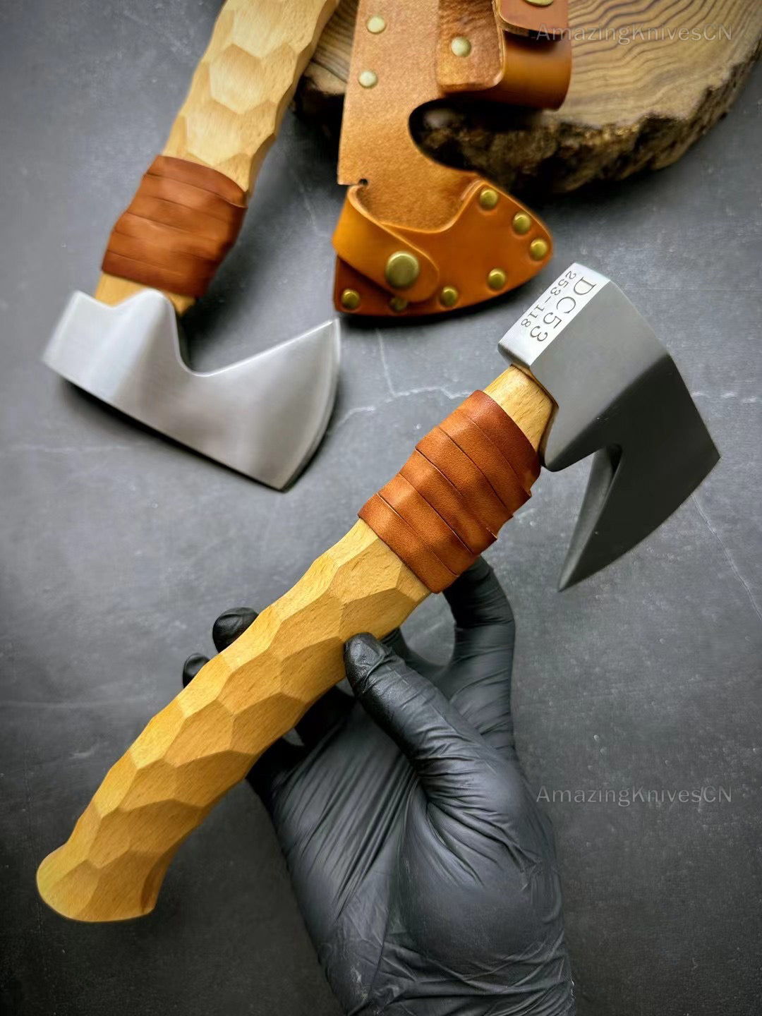 Axe Hatchet DC53 Alloy Steel Blade Wood Handle Bushcraft Camping Tool w/ Sheath - AK-HT0869