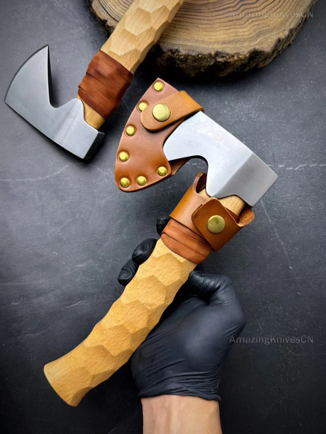 Axe Hatchet DC53 Alloy Steel Blade Wood Handle Bushcraft Camping Tool w/ Sheath - AK-HT0869