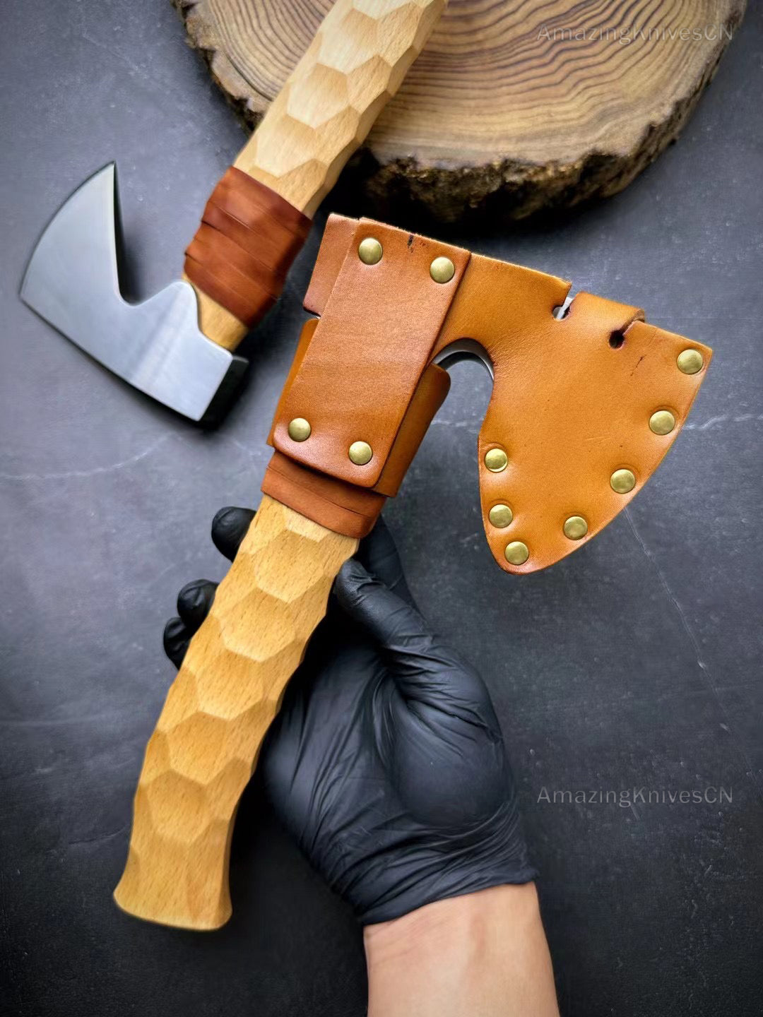 Axe Hatchet DC53 Alloy Steel Blade Wood Handle Bushcraft Camping Tool w/ Sheath - AK-HT0869
