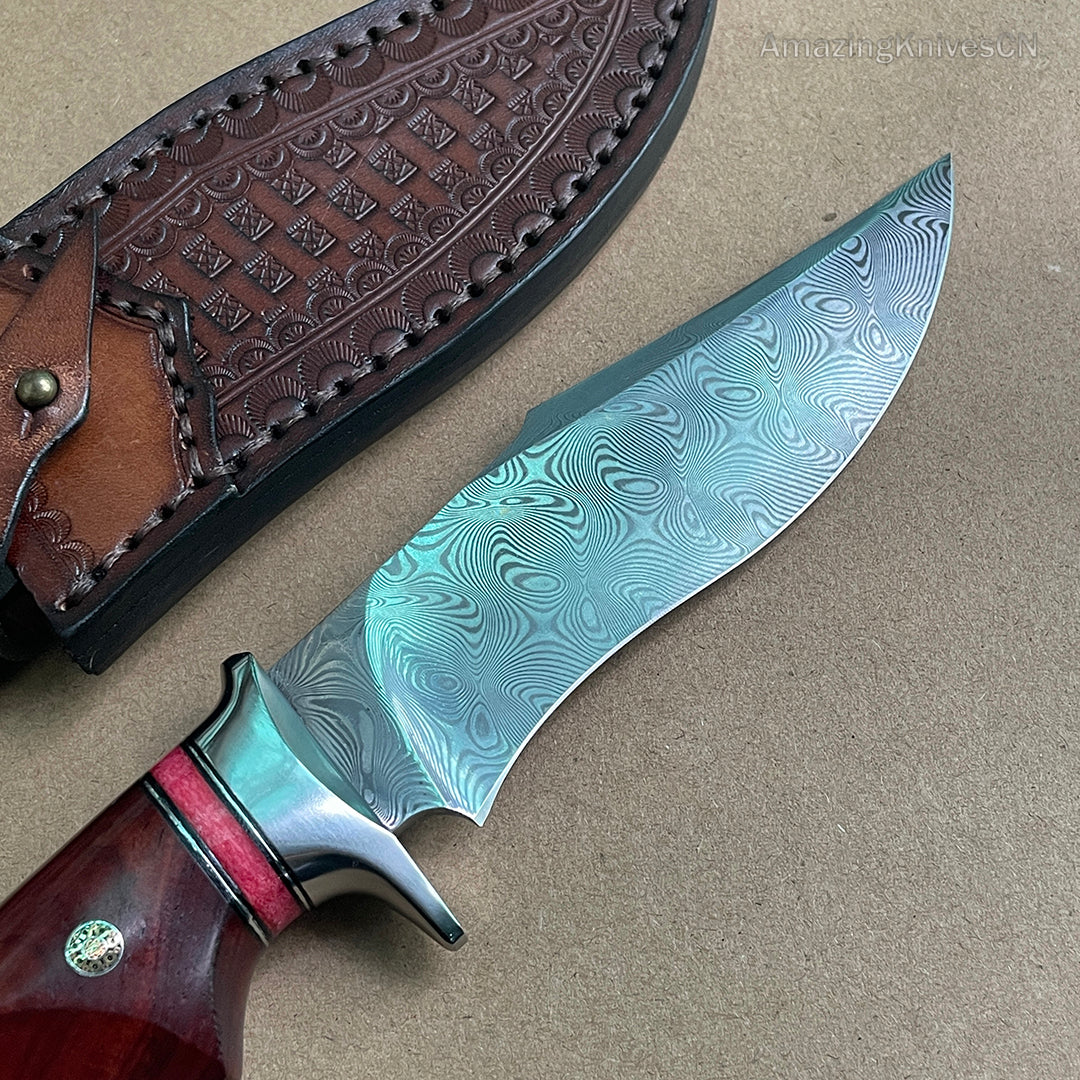 Japanese VG10 Damascus Steel Bowie Knife with Leather Sheath- AK-HT0493-R