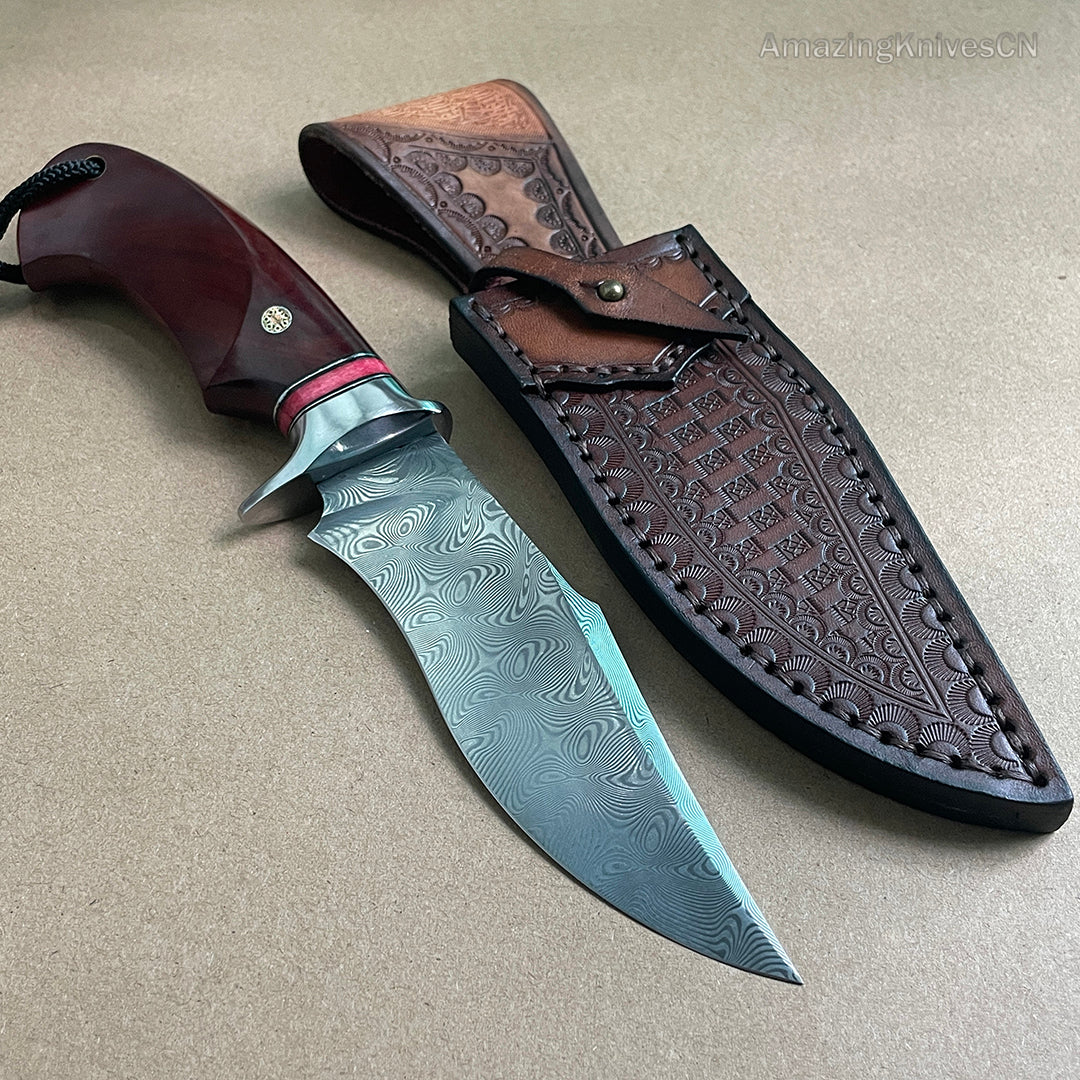 Japanese VG10 Damascus Steel Bowie Knife with Leather Sheath- AK-HT0493-R