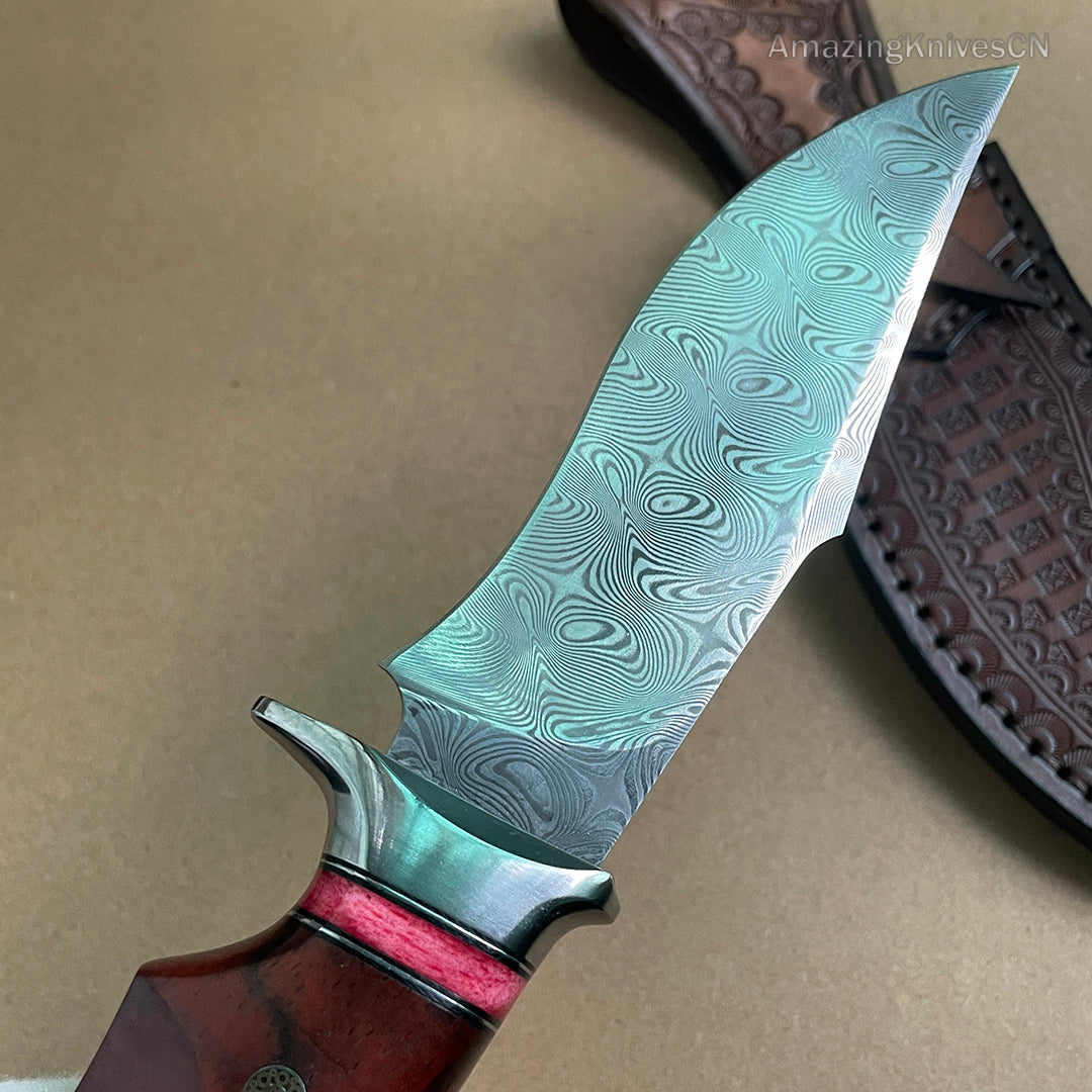 Japanese VG10 Damascus Steel Bowie Knife with Leather Sheath- AK-HT0493-R