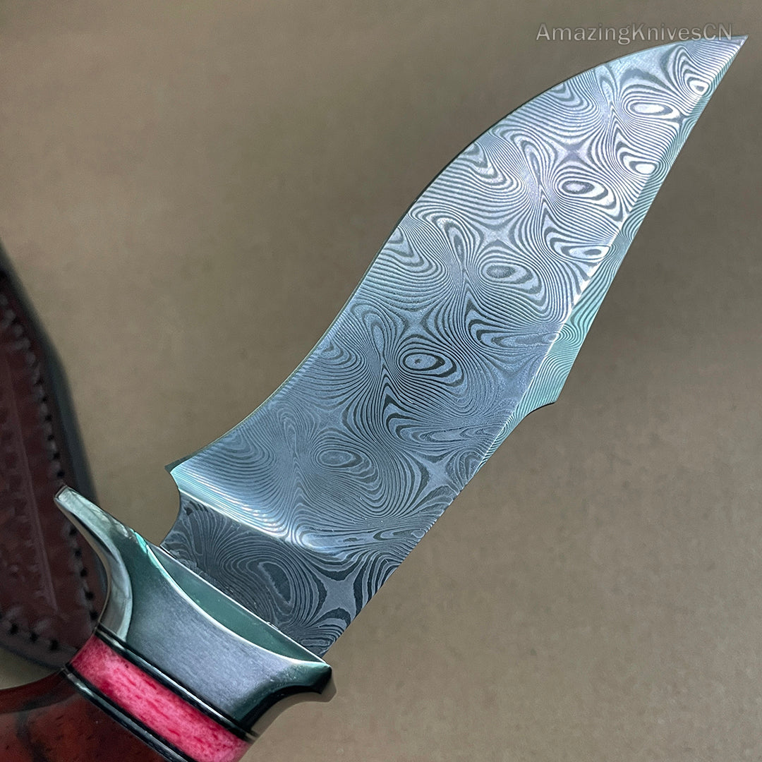 Japanese VG10 Damascus Steel Bowie Knife with Leather Sheath- AK-HT0493-R