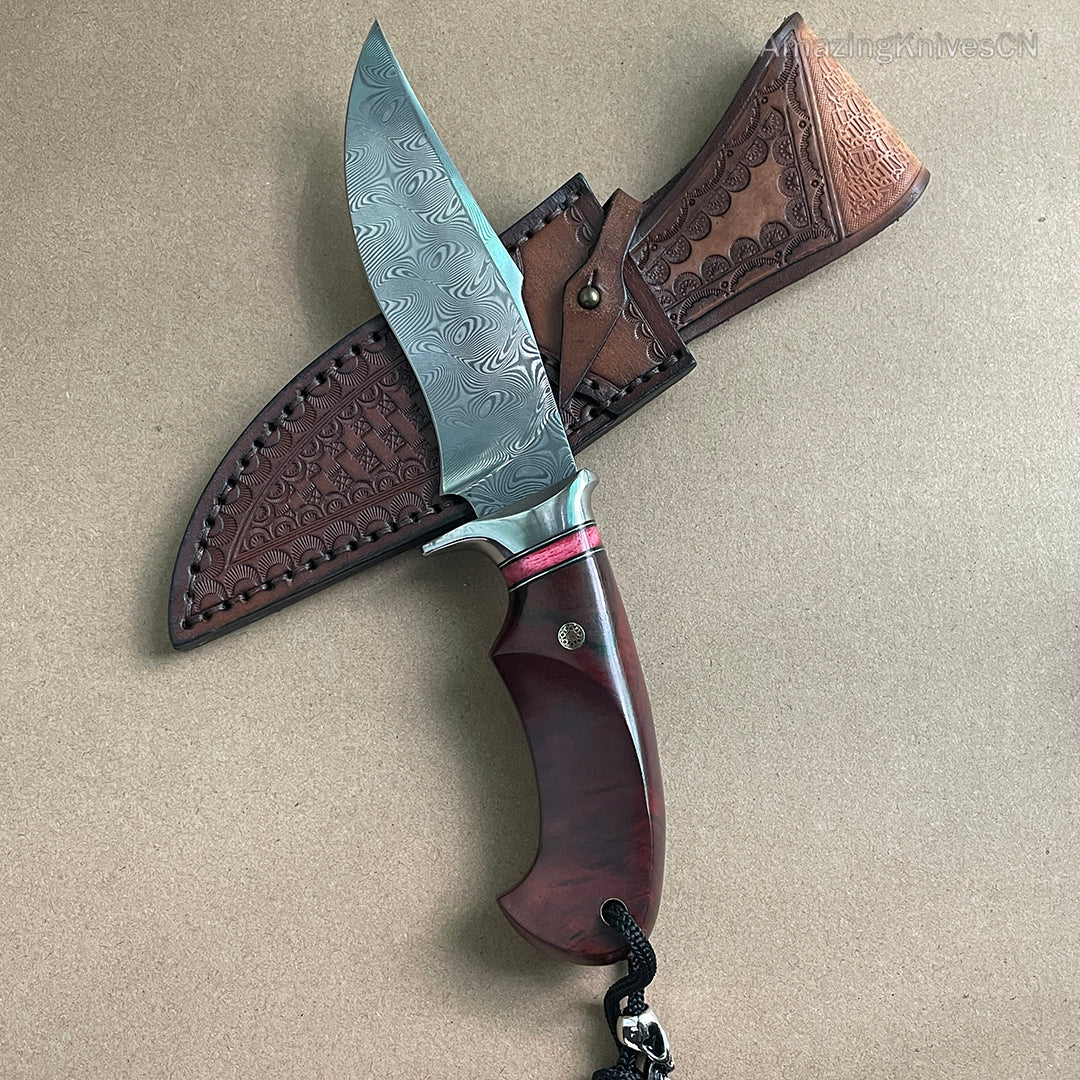 Japanese VG10 Damascus Steel Bowie Knife with Leather Sheath- AK-HT0493-R