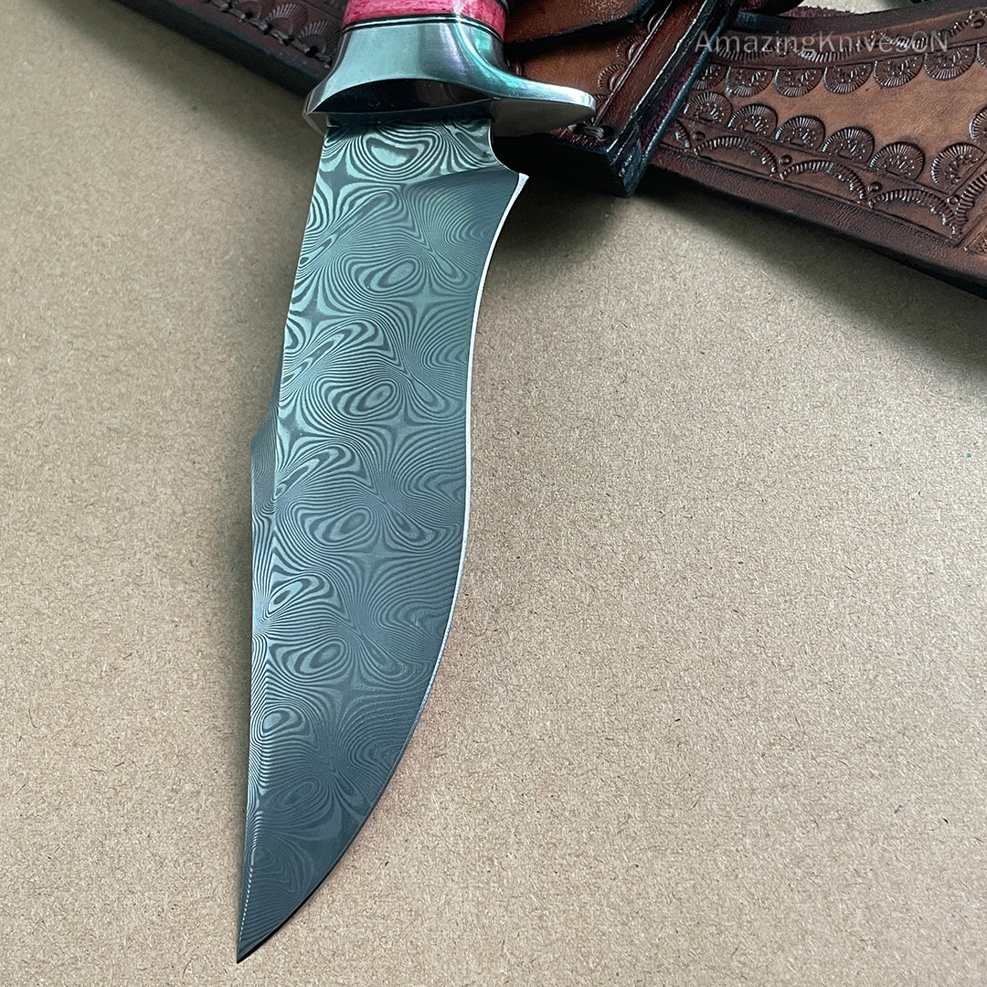 Japanese VG10 Damascus Steel Bowie Knife with Leather Sheath- AK-HT0493-R