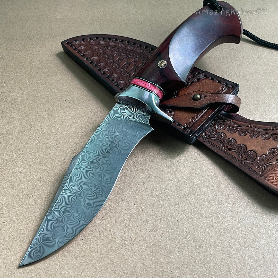 Japanese VG10 Damascus Steel Bowie Knife with Leather Sheath- AK-HT0493-R