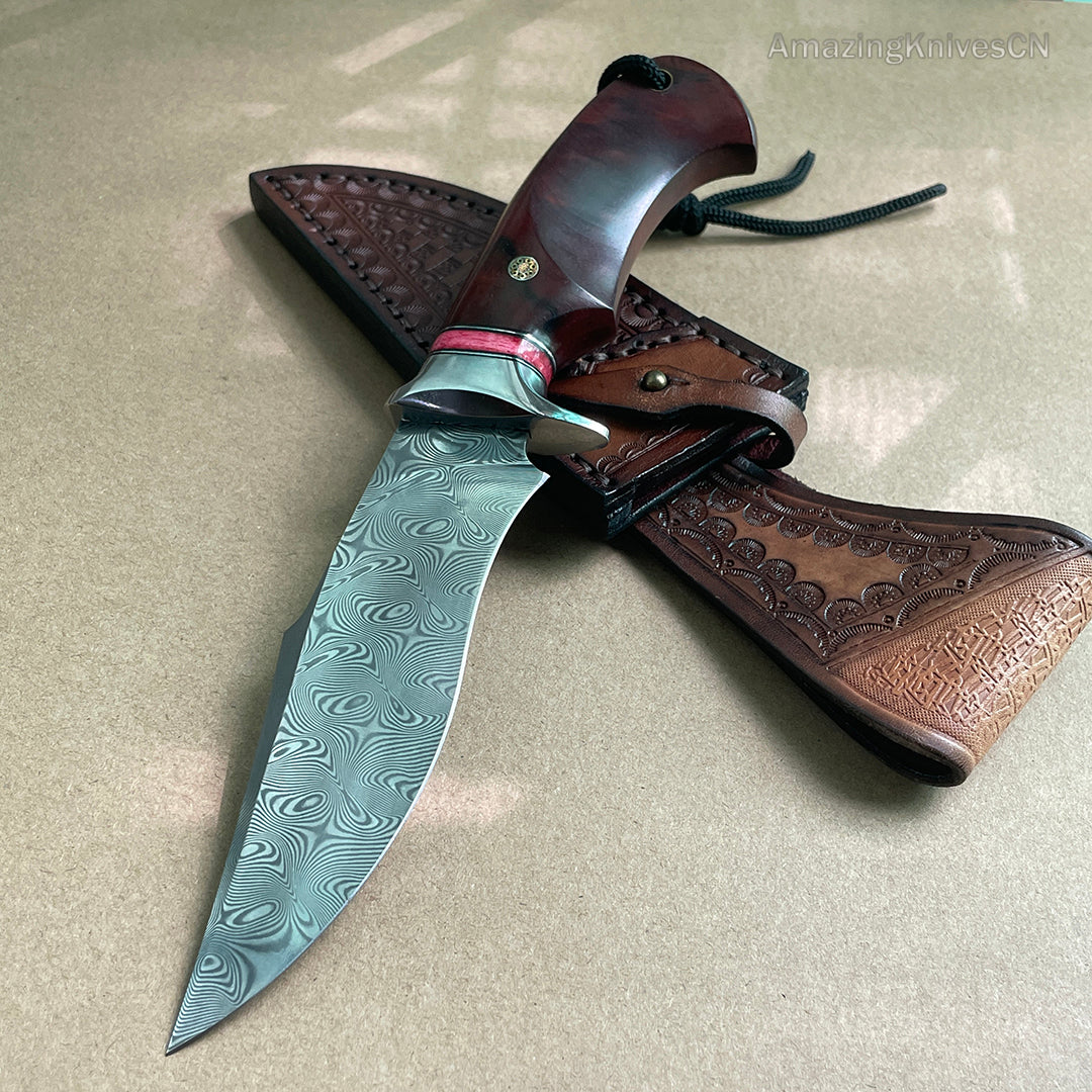Japanese VG10 Damascus Steel Bowie Knife with Leather Sheath- AK-HT0493-R