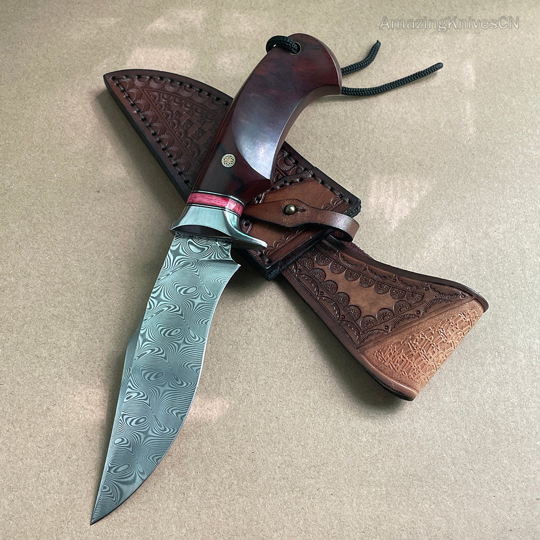 Japanese VG10 Damascus Steel Bowie Knife with Leather Sheath- AK-HT0493-R