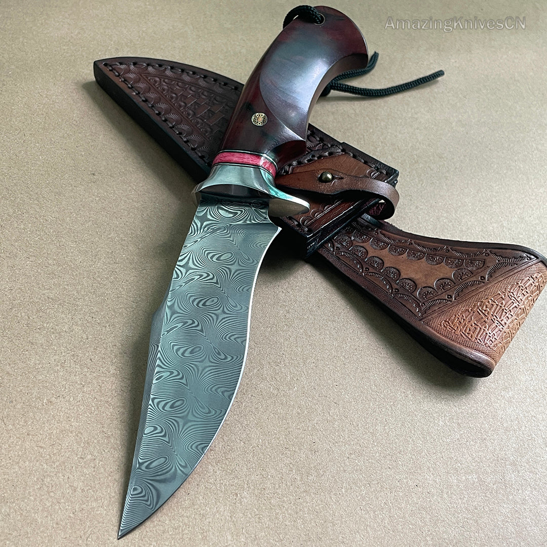 Japanese VG10 Damascus Steel Bowie Knife with Leather Sheath- AK-HT0493-R