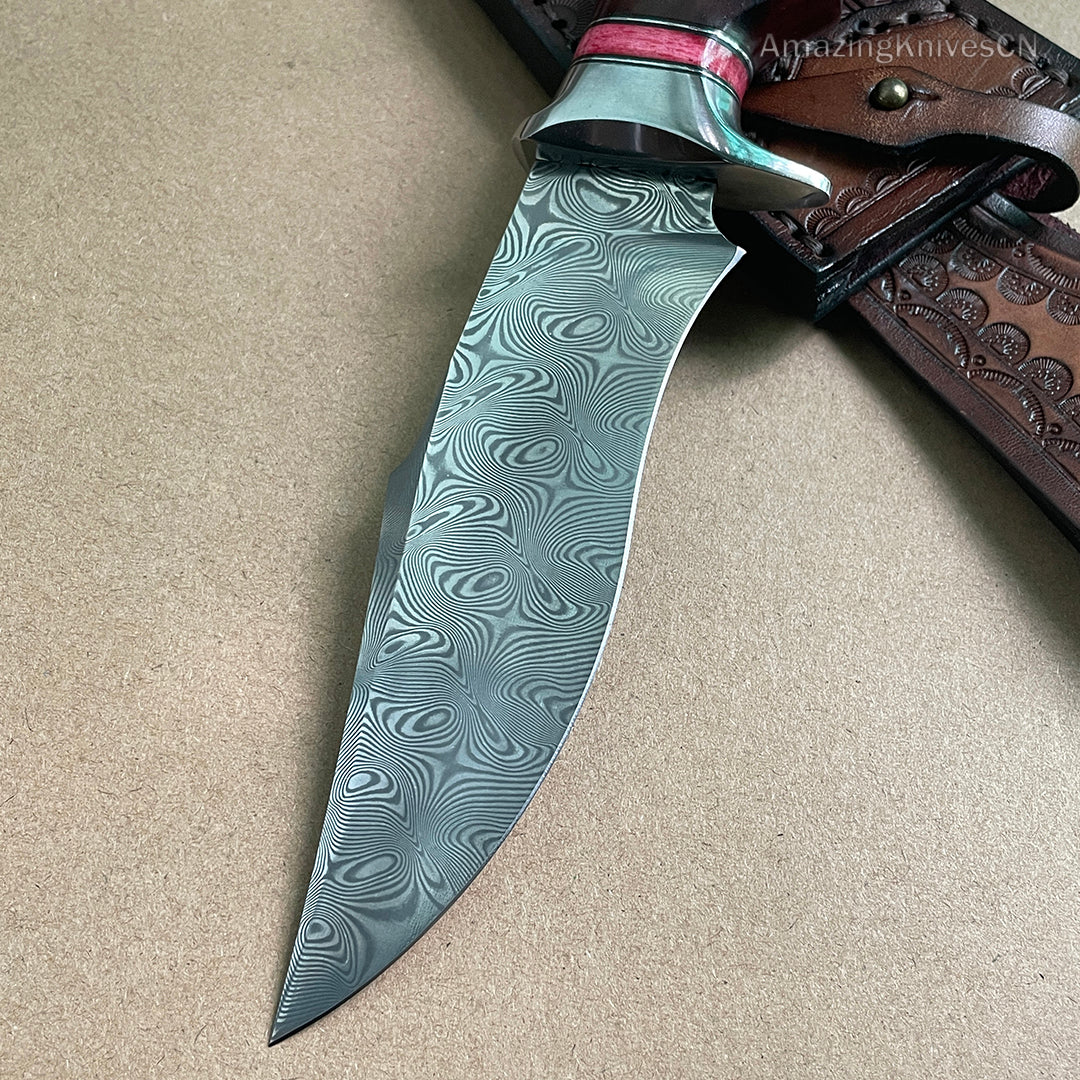 Japanese VG10 Damascus Steel Bowie Knife with Leather Sheath- AK-HT0493-R