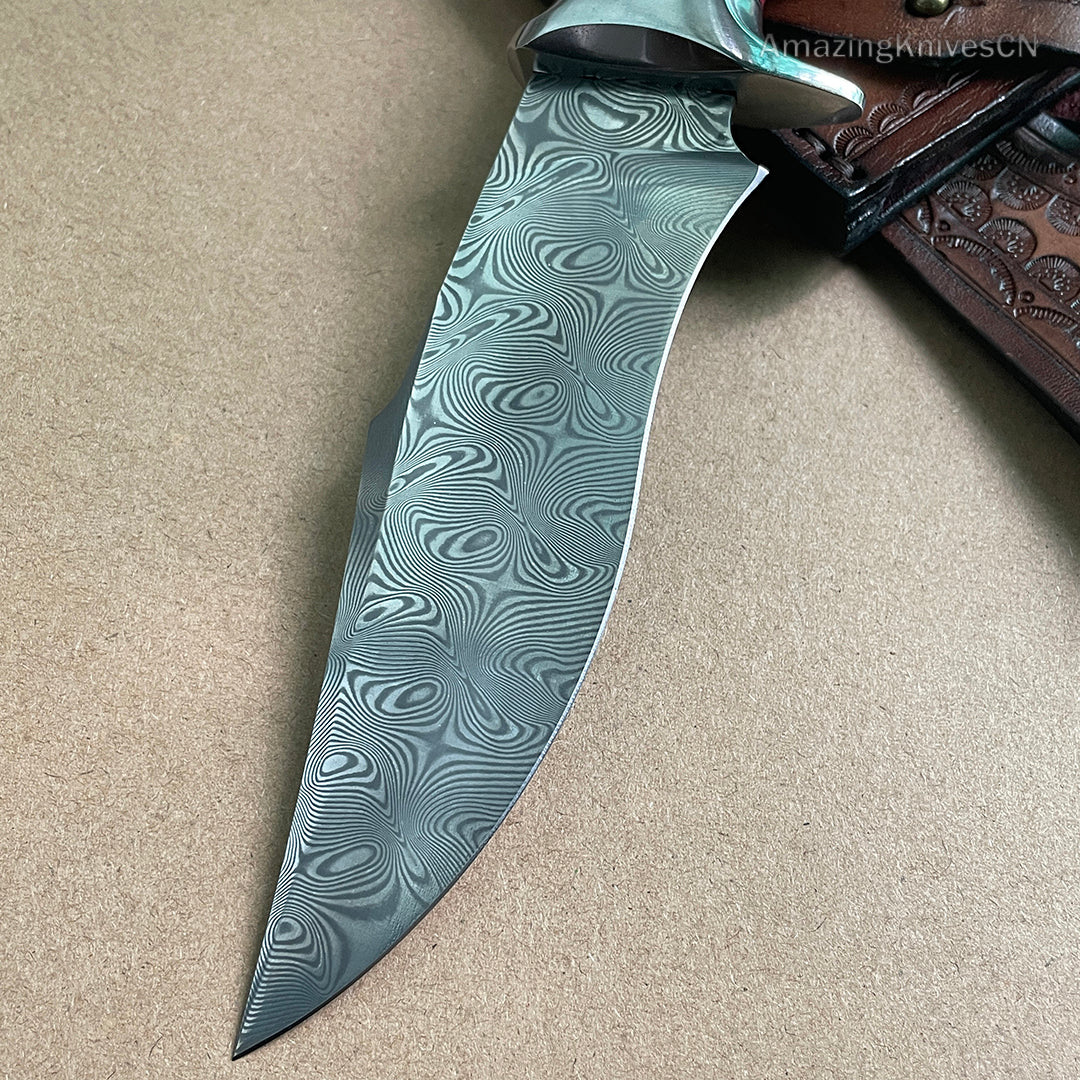 Japanese VG10 Damascus Steel Bowie Knife with Leather Sheath- AK-HT0493-R