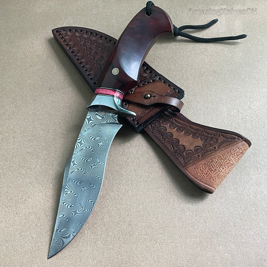 Japanese VG10 Damascus Steel Bowie Knife with Leather Sheath- AK-HT0493-R
