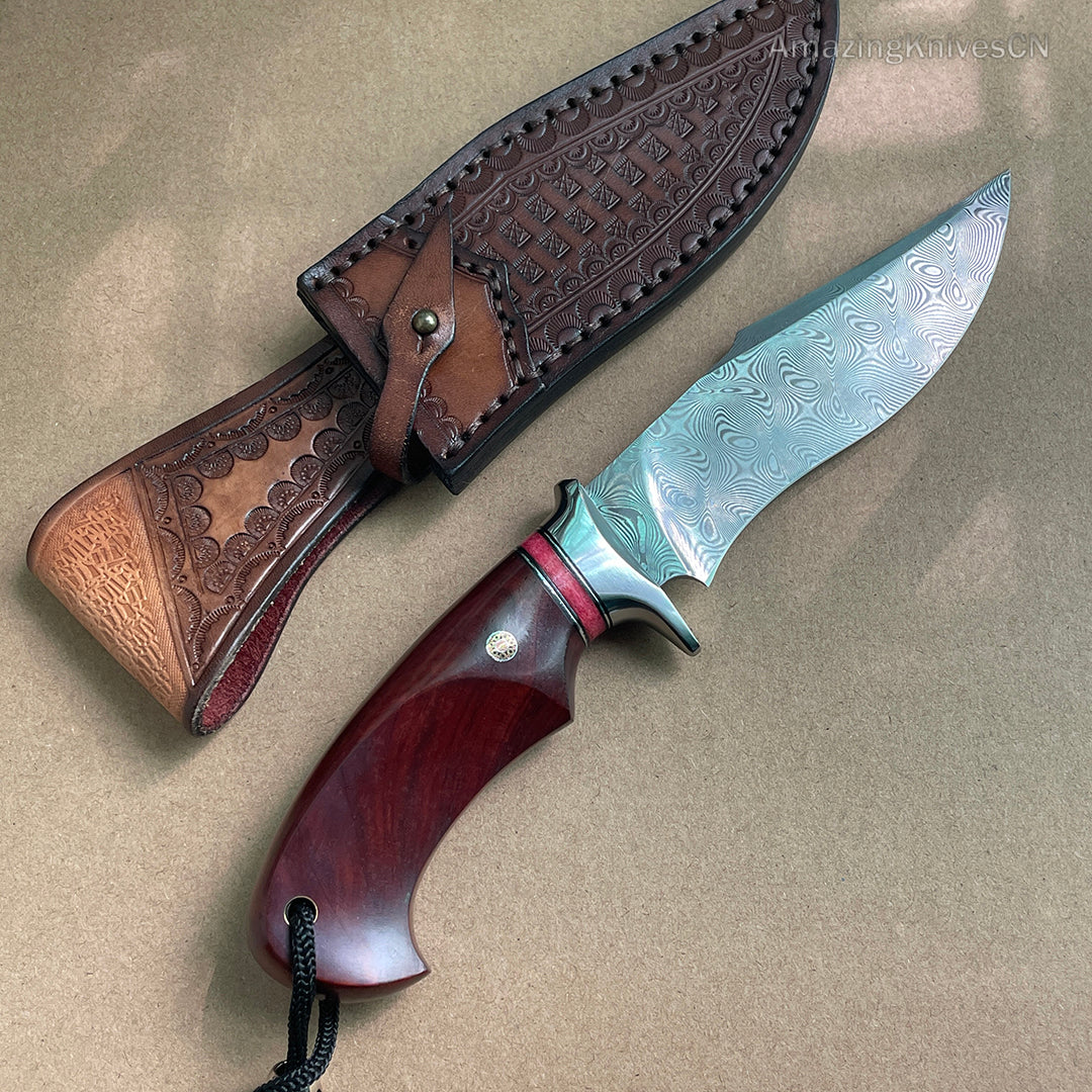 Japanese VG10 Damascus Steel Bowie Knife with Leather Sheath- AK-HT0493-R