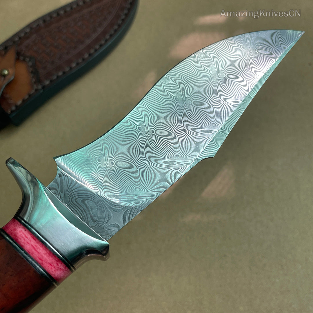 Japanese VG10 Damascus Steel Bowie Knife with Leather Sheath- AK-HT0493-R