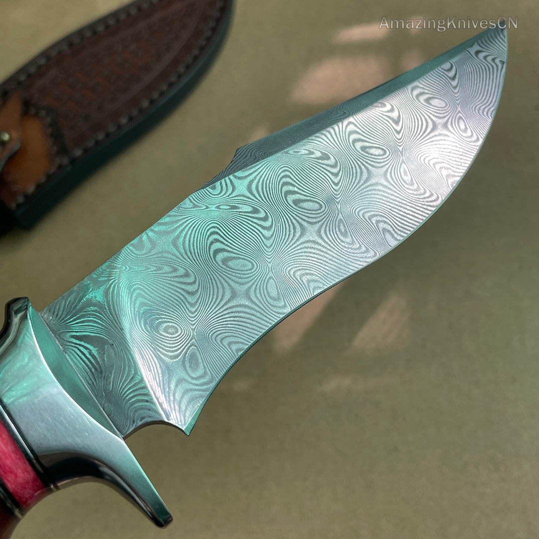 Japanese VG10 Damascus Steel Bowie Knife with Leather Sheath- AK-HT0493-R