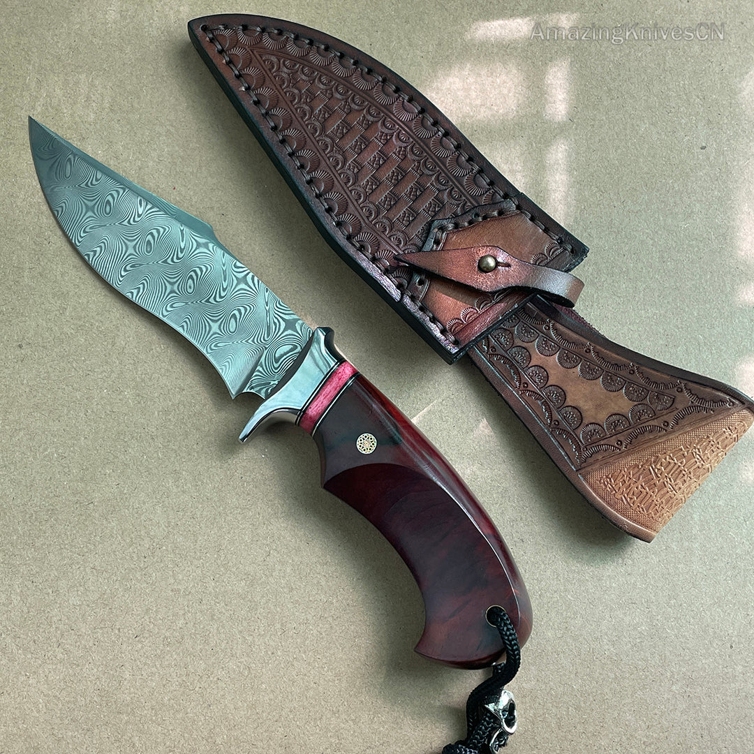 Japanese VG10 Damascus Steel Bowie Knife with Leather Sheath- AK-HT0493-R