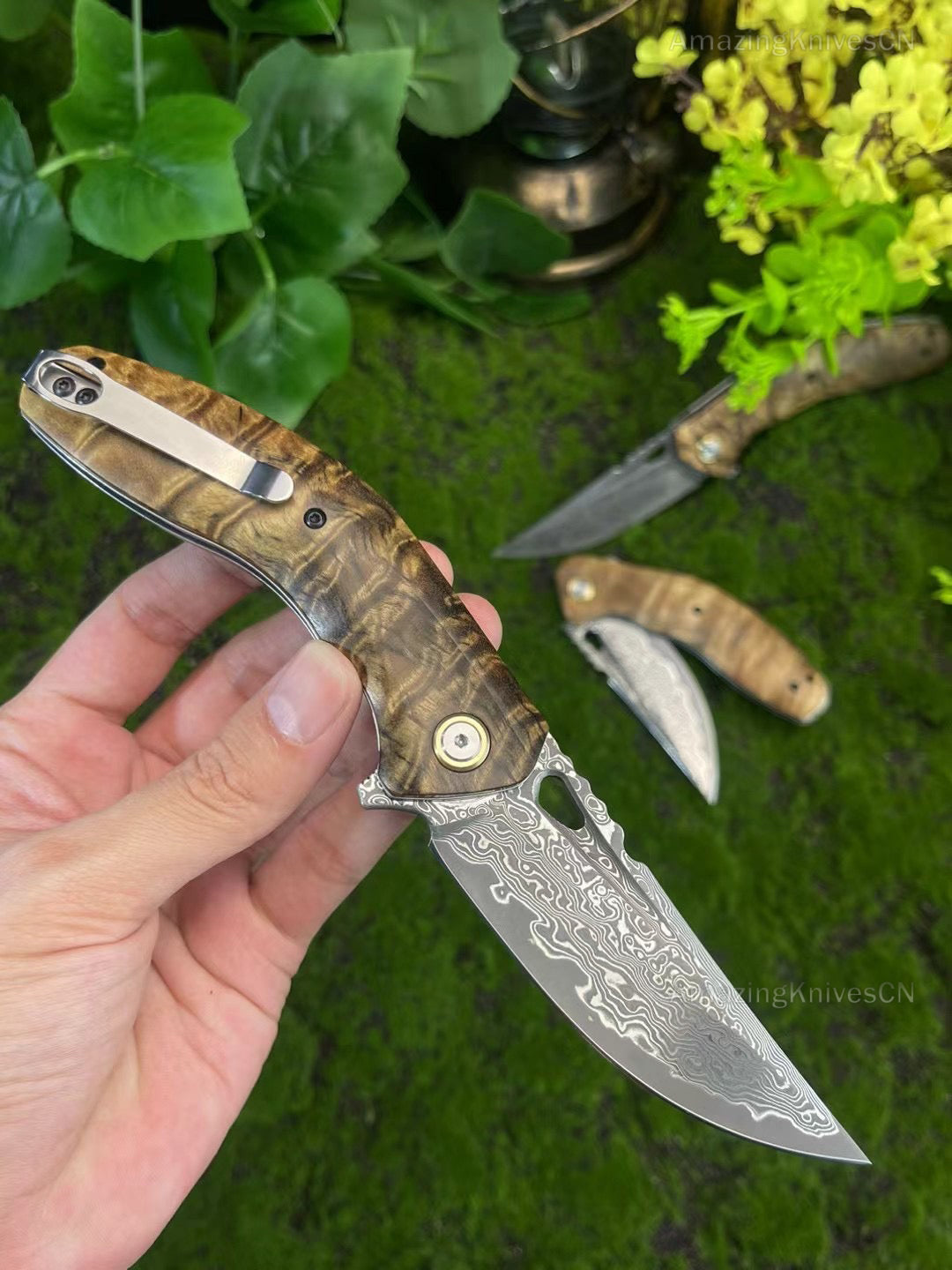 Damascus Hunting Folding Pocket Knife Survival Ball Bearing Clip Flipper Outdoor - AK-HT0882