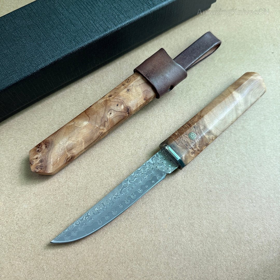 Japanese Bushido Katana Knife Damascus Steel Ninja Samurai Warrior Figured Wood-AK-HT0773