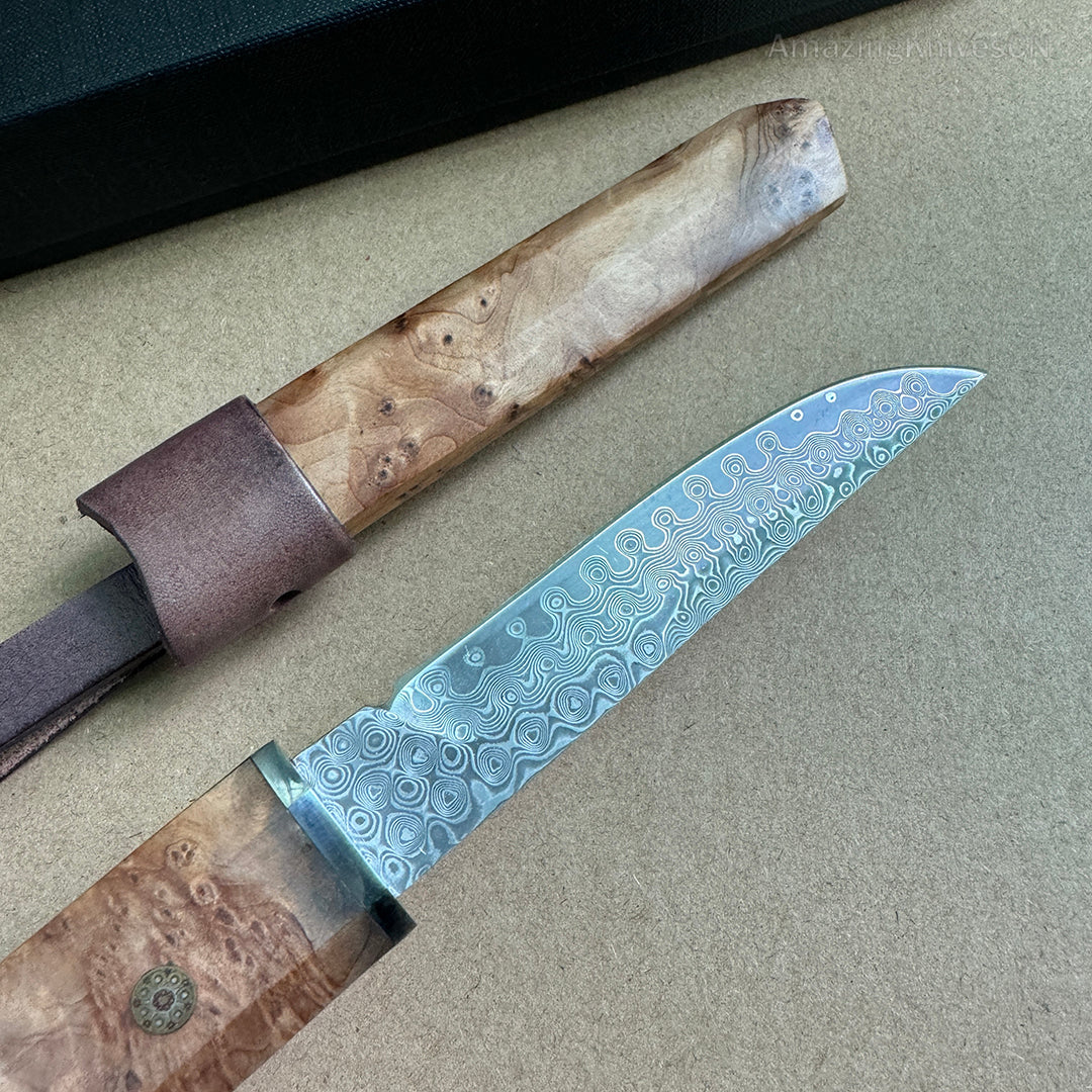 Japanese Bushido Katana Knife Damascus Steel Ninja Samurai Warrior Figured Wood-AK-HT0773