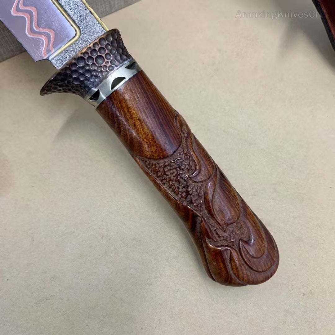 Collectible Handcrafted Copper Damascus Steel Knife Full Tang Desert Ironwood - AK-HT0910-2