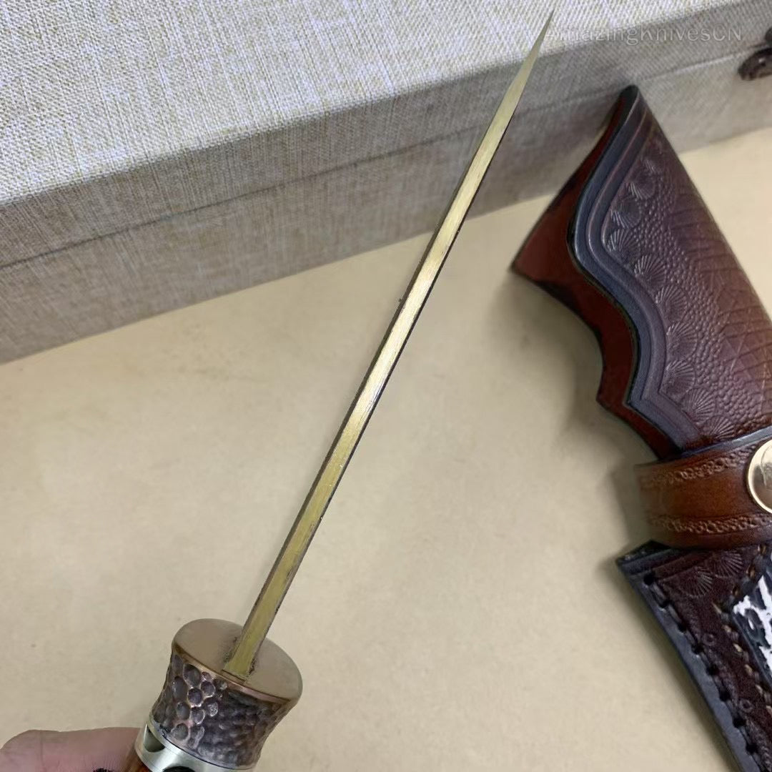 Collectible Handcrafted Copper Damascus Steel Knife Full Tang Desert Ironwood - AK-HT0910-2