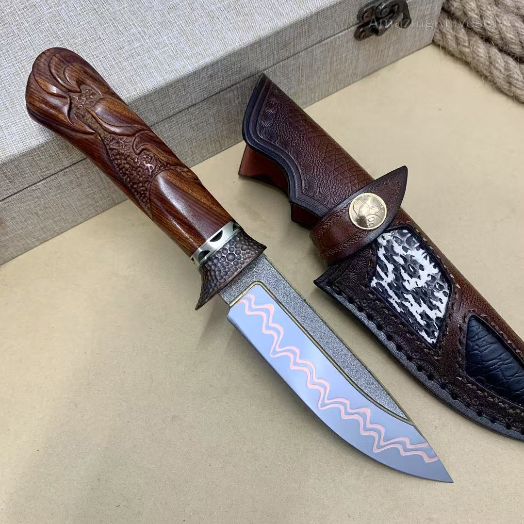Collectible Handcrafted Copper Damascus Steel Knife Full Tang Desert Ironwood - AK-HT0910-2
