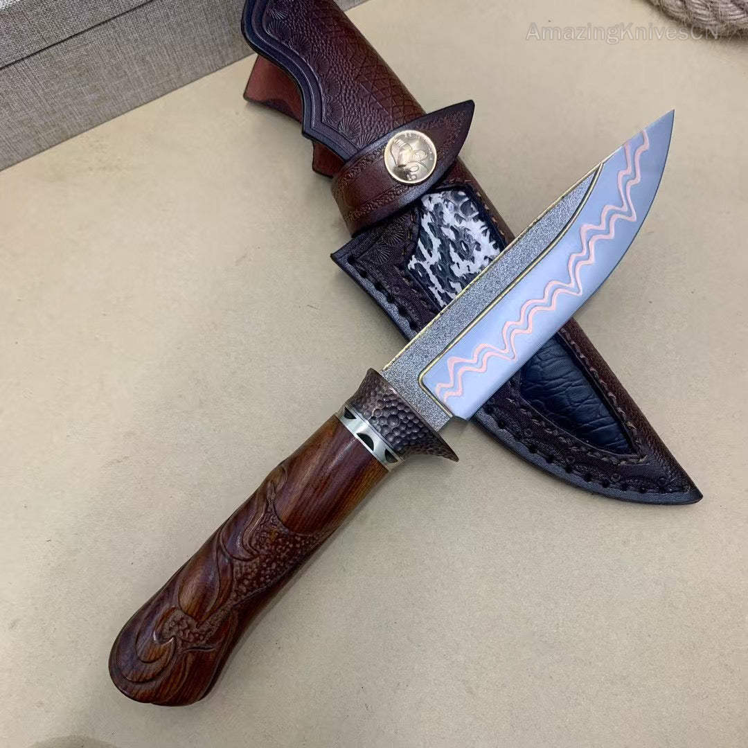 Collectible Handcrafted Copper Damascus Steel Knife Full Tang Desert Ironwood - AK-HT0910-2