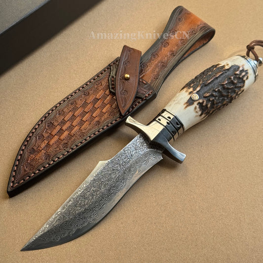 Damascus Survival Outdoor Camping Hunting Knife Fixed Blade Stag Antler Sheath - AK-HT0307