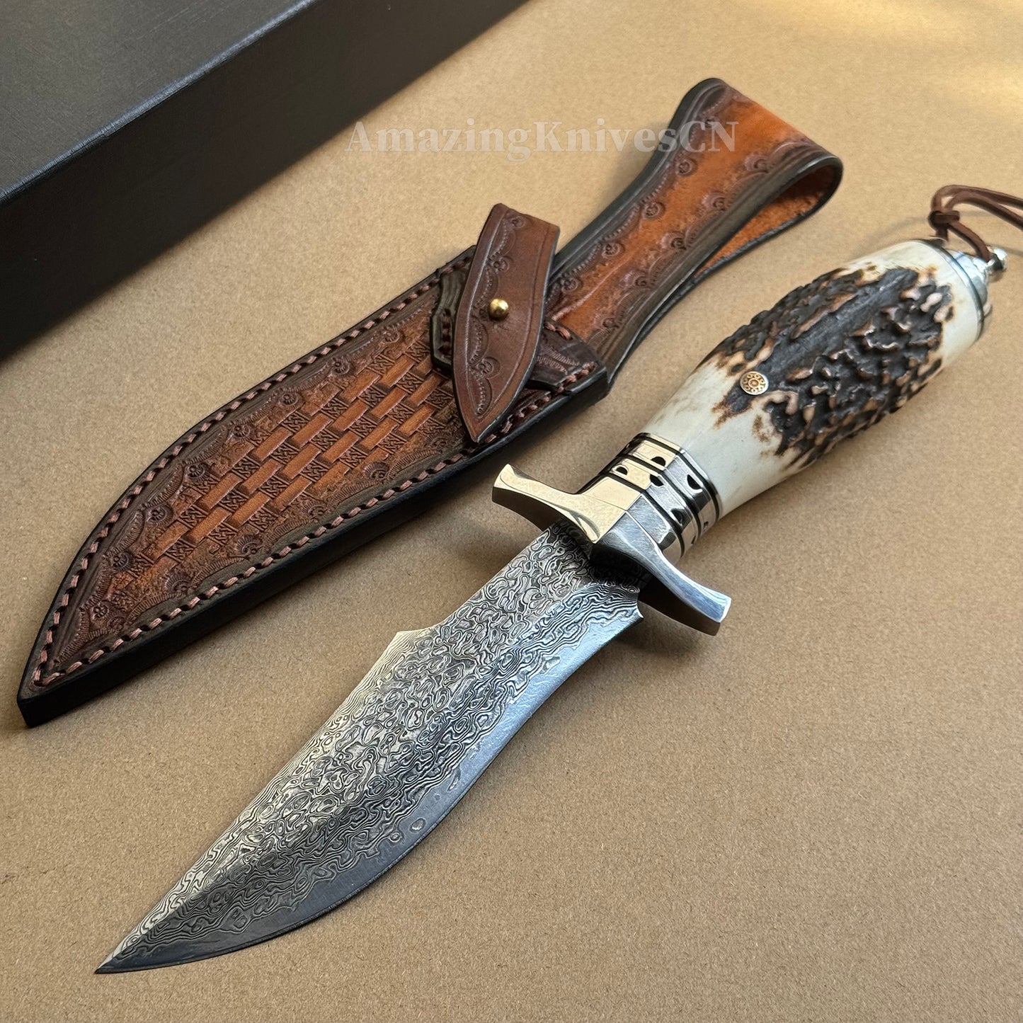 Damascus Survival Outdoor Camping Hunting Knife Fixed Blade Stag Antler Sheath - AK-HT0307
