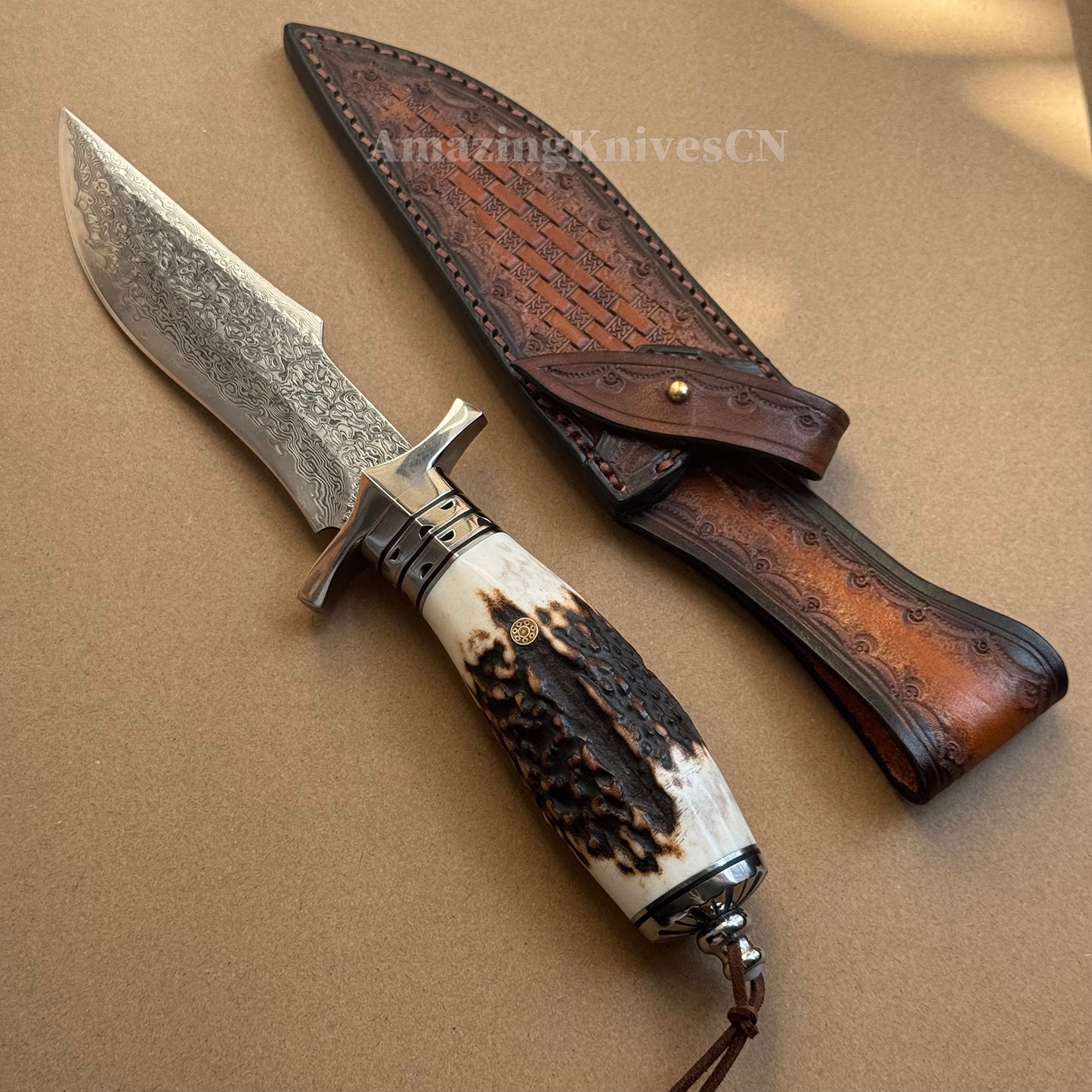 Damascus Survival Outdoor Camping Hunting Knife Fixed Blade Stag Antler Sheath - AK-HT0307
