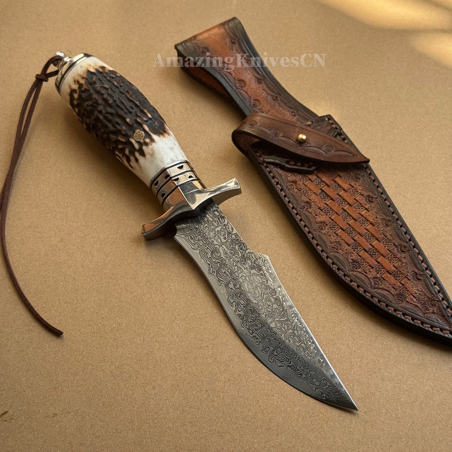 Damascus Survival Outdoor Camping Hunting Knife Fixed Blade Stag Antler Sheath - AK-HT0307