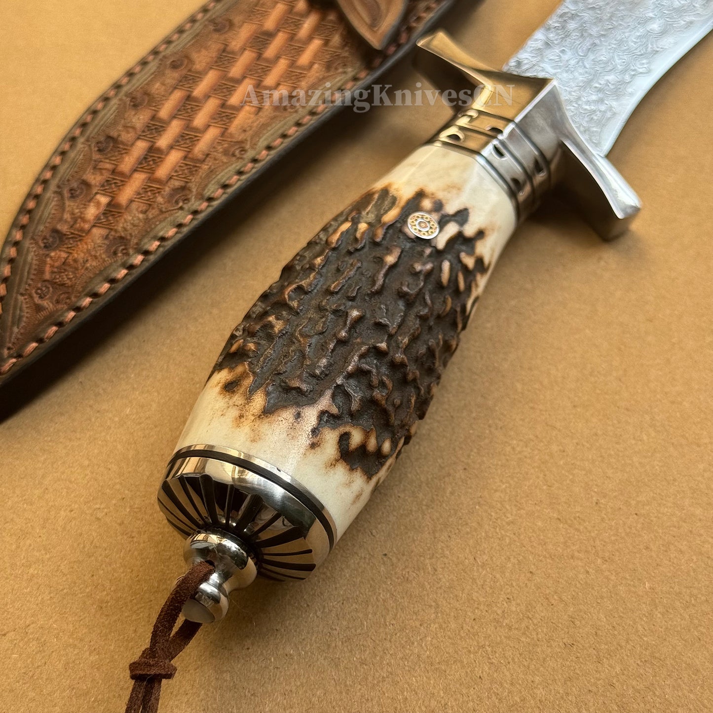 Damascus Survival Outdoor Camping Hunting Knife Fixed Blade Stag Antler Sheath - AK-HT0307