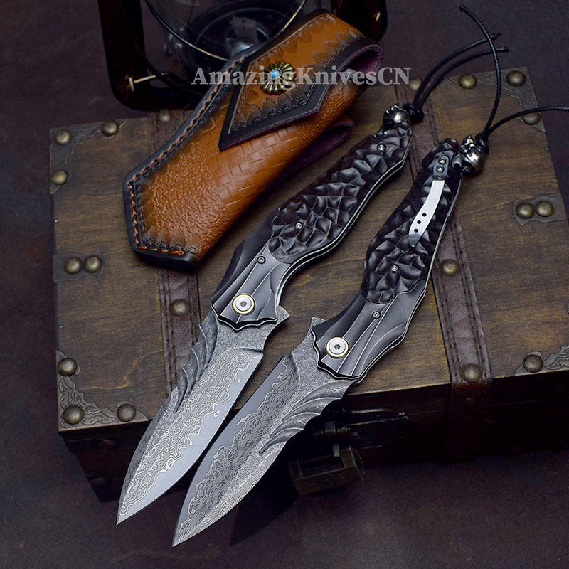 VG10 Damascus Hunting Survival Pocket Knife Ebony Wood with Clip Ball Bearing - AK-HT0987