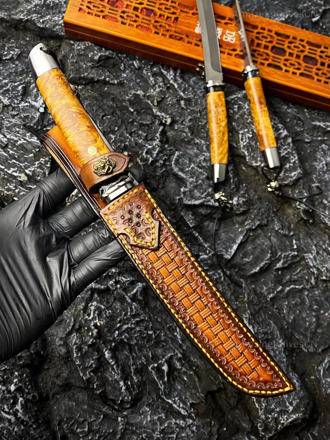 Japanese Katana Knife Bushido Uzi Wootz Steel Ninja Samurai Warrior Wood Handle - AK-HT0890