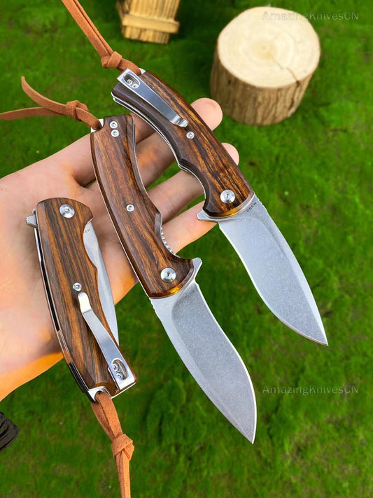 M390 Blade Pocket Knife Hunting Survival Folding Desert Ironwood Ball Bearing Clip - AK-HT0889