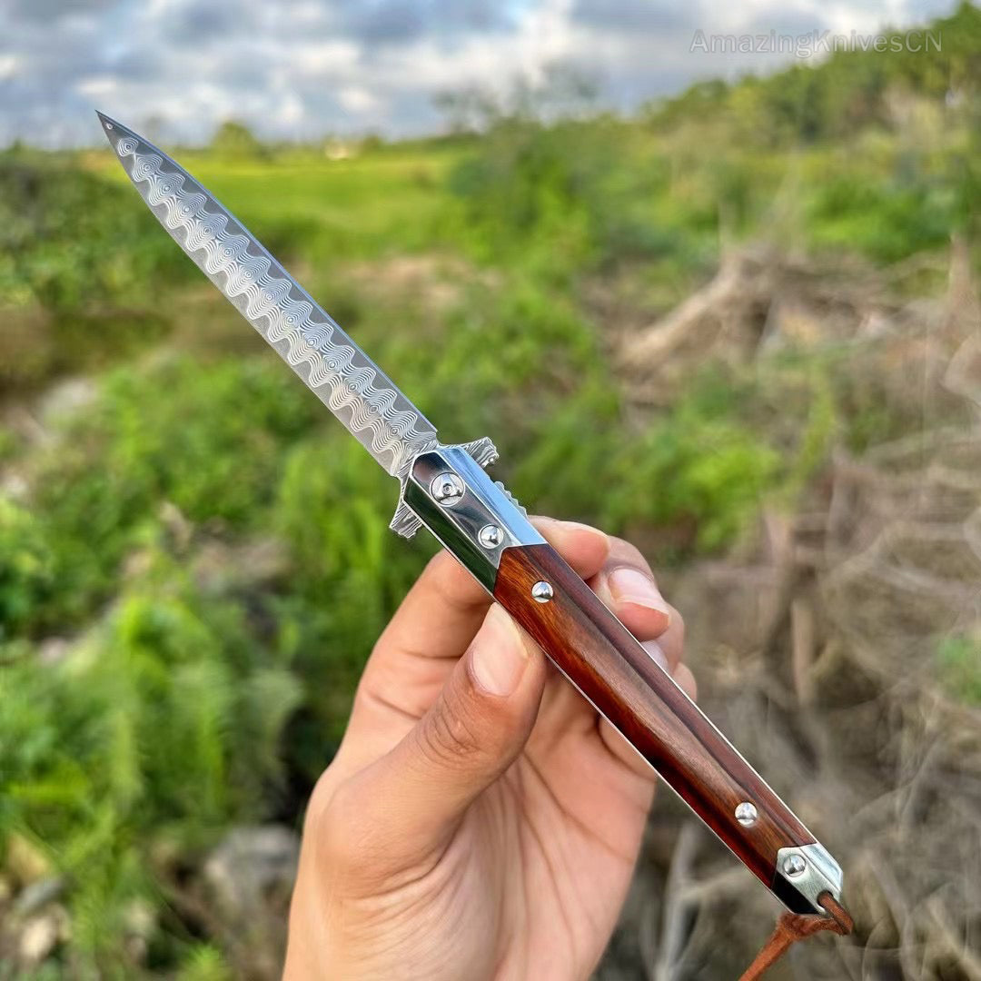 Vg10 Damascus Flipper Knife Folding Blade Tactical Knife Needle Point - AK-HT0590