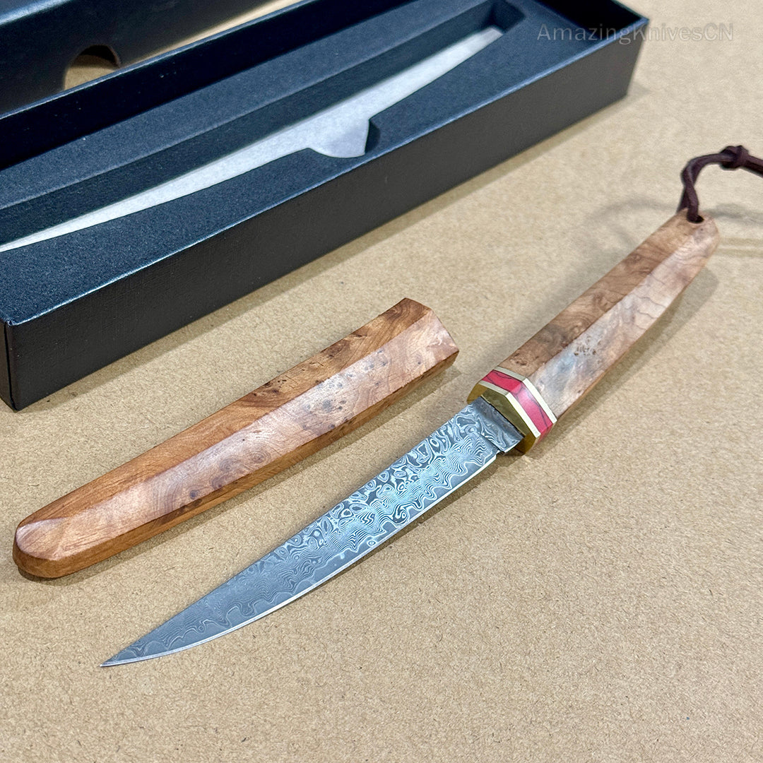 Japanese Style Mini Katana Knife Fixed Blade Damascus Steel Wooden Handle - AK-HT0886-D
