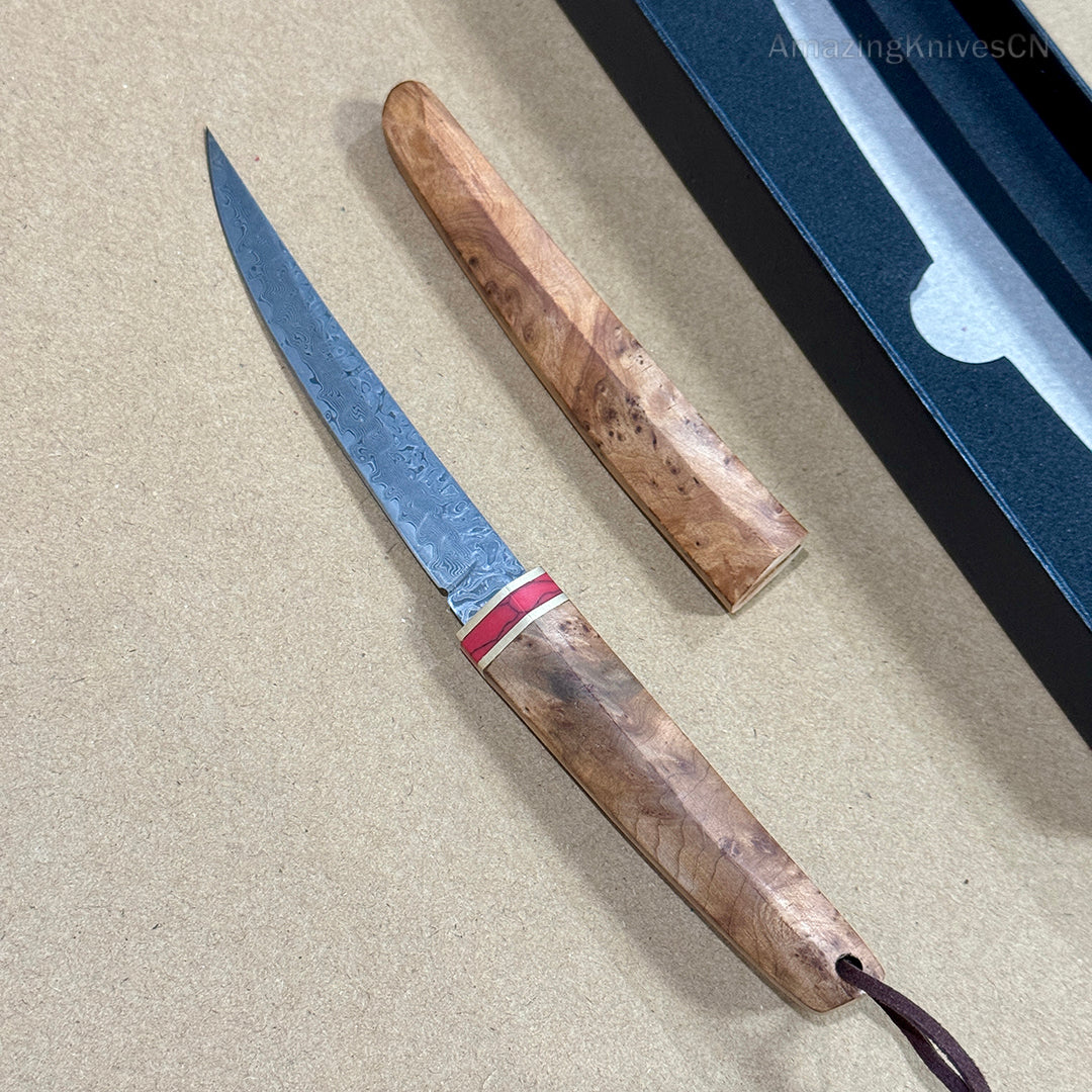 Japanese Style Mini Katana Knife Fixed Blade Damascus Steel Wooden Handle - AK-HT0886-D