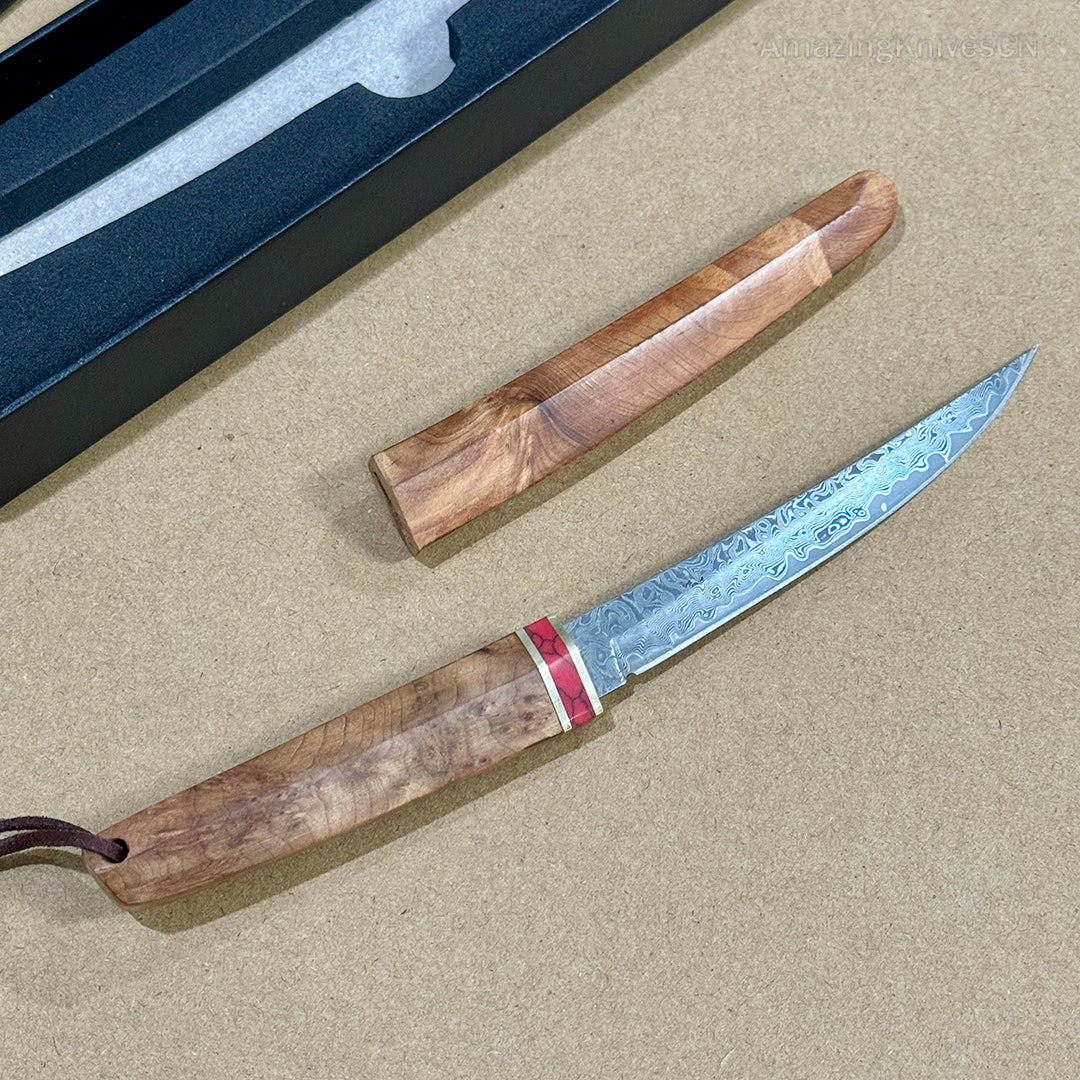 Japanese Style Mini Katana Knife Fixed Blade Damascus Steel Wooden Handle - AK-HT0886-D