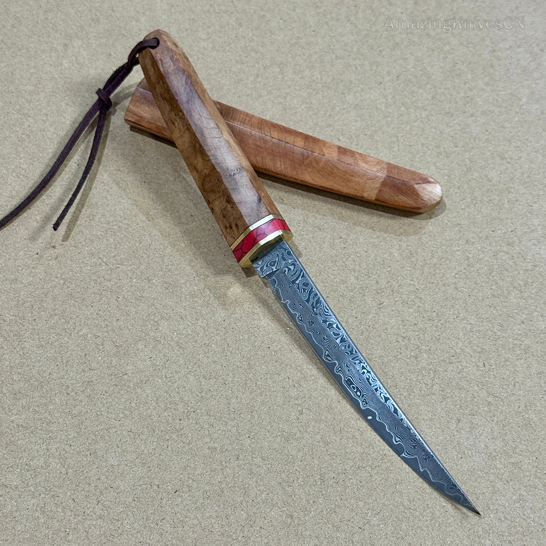 Japanese Style Mini Katana Knife Fixed Blade Damascus Steel Wooden Handle - AK-HT0886-D