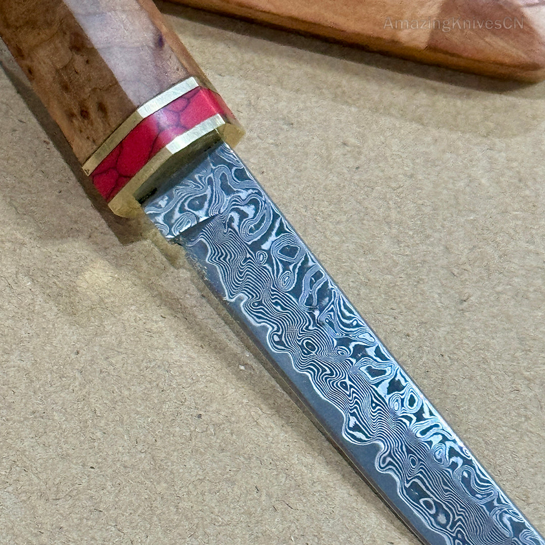 Japanese Style Mini Katana Knife Fixed Blade Damascus Steel Wooden Handle - AK-HT0886-D