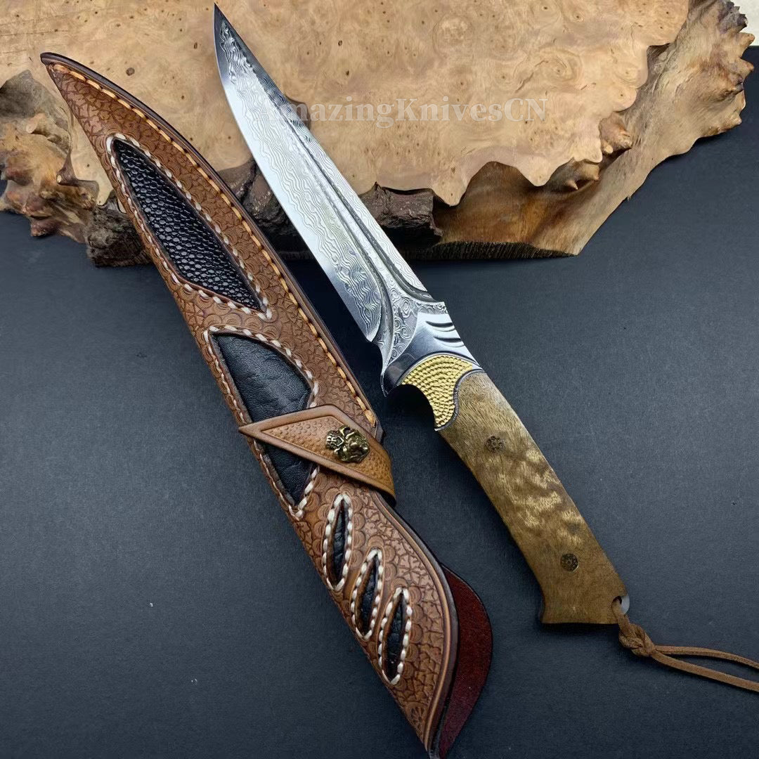 VG10 DAMASCUS HUNTING KNIFE FIXED BLADE FULL TANG - AK-HT0442-O