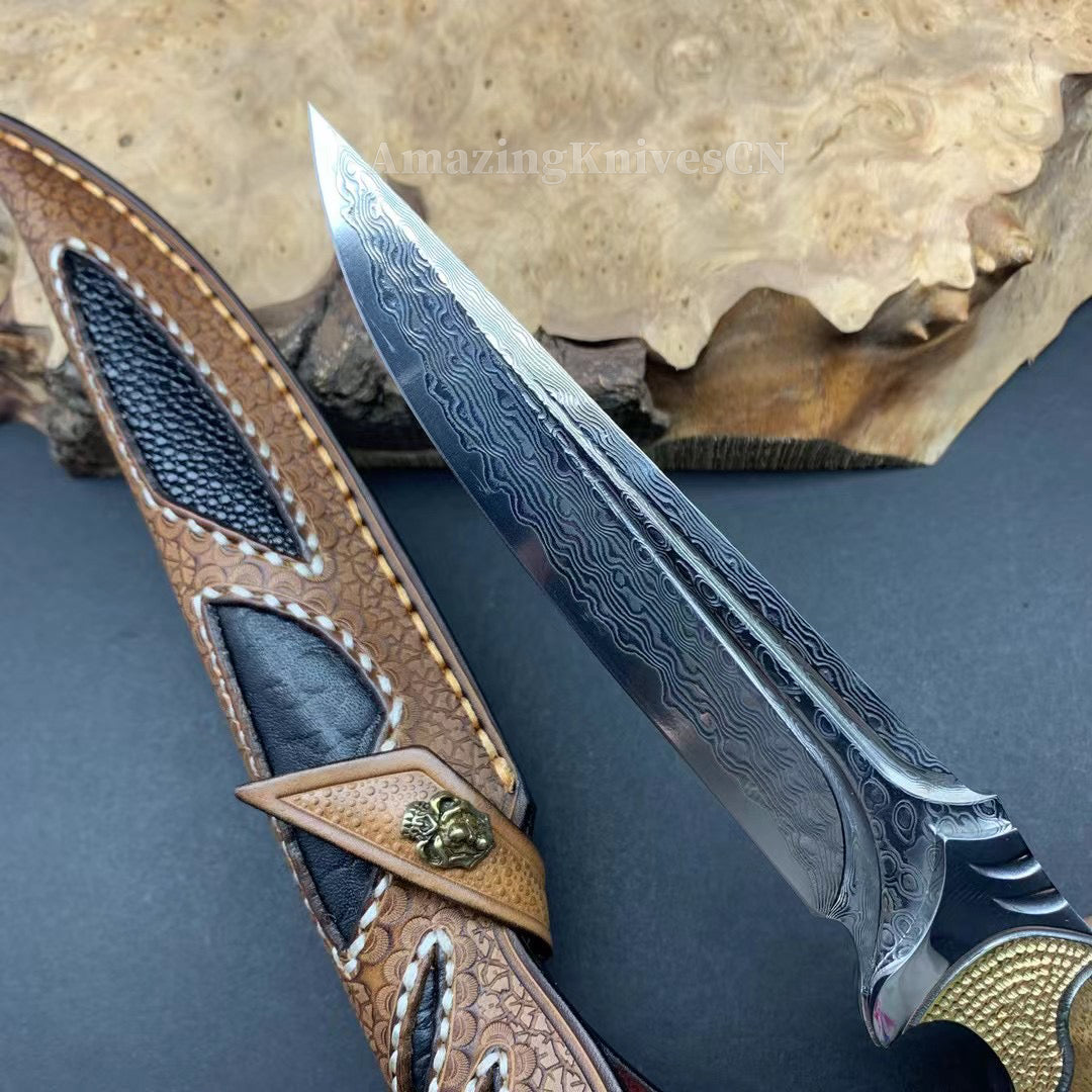 VG10 DAMASCUS HUNTING KNIFE FIXED BLADE FULL TANG - AK-HT0442-O