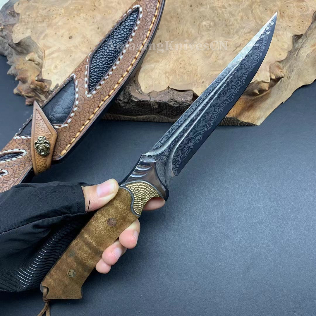 VG10 DAMASCUS HUNTING KNIFE FIXED BLADE FULL TANG - AK-HT0442-O
