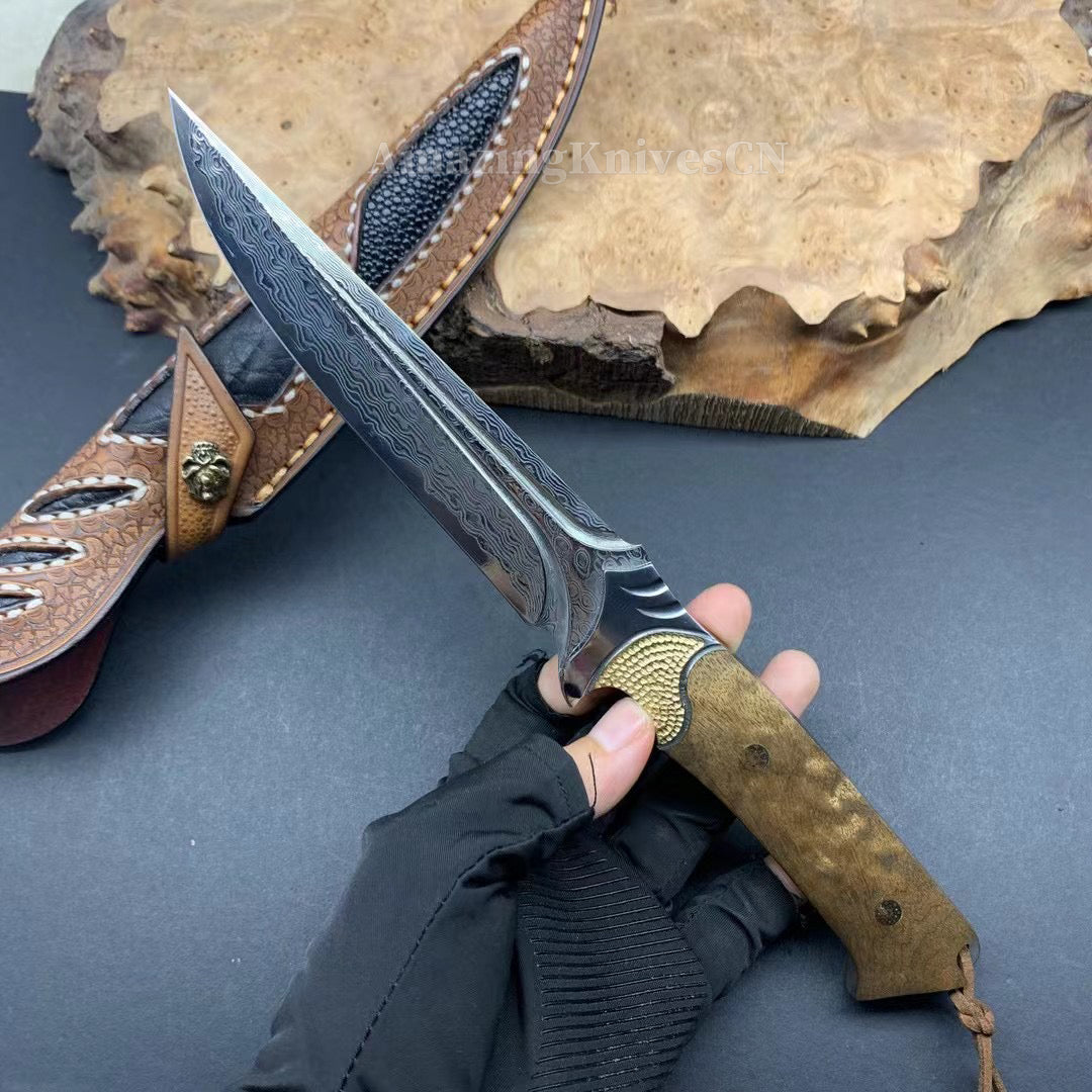 VG10 DAMASCUS HUNTING KNIFE FIXED BLADE FULL TANG - AK-HT0442-O