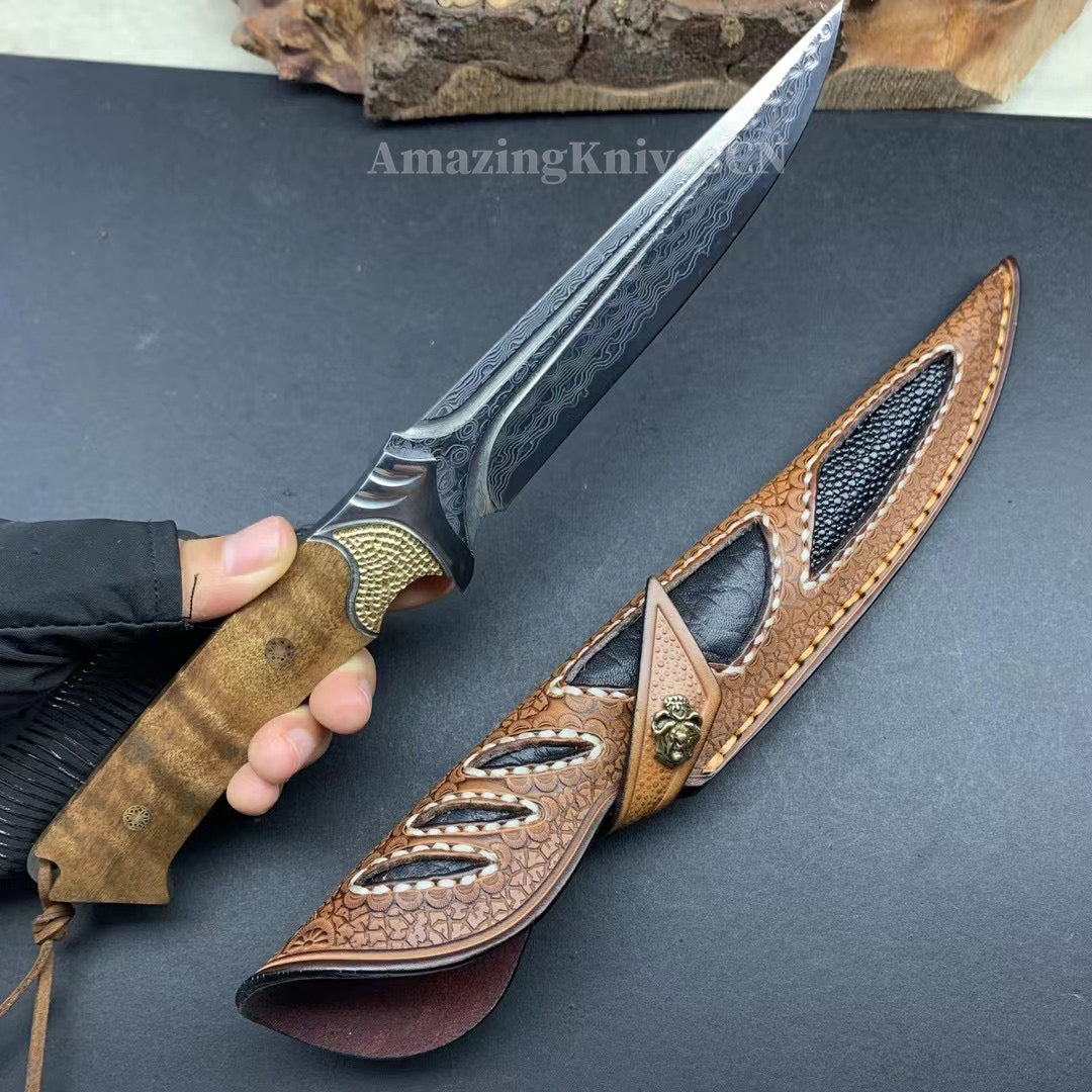 VG10 DAMASCUS HUNTING KNIFE FIXED BLADE FULL TANG - AK-HT0442-O