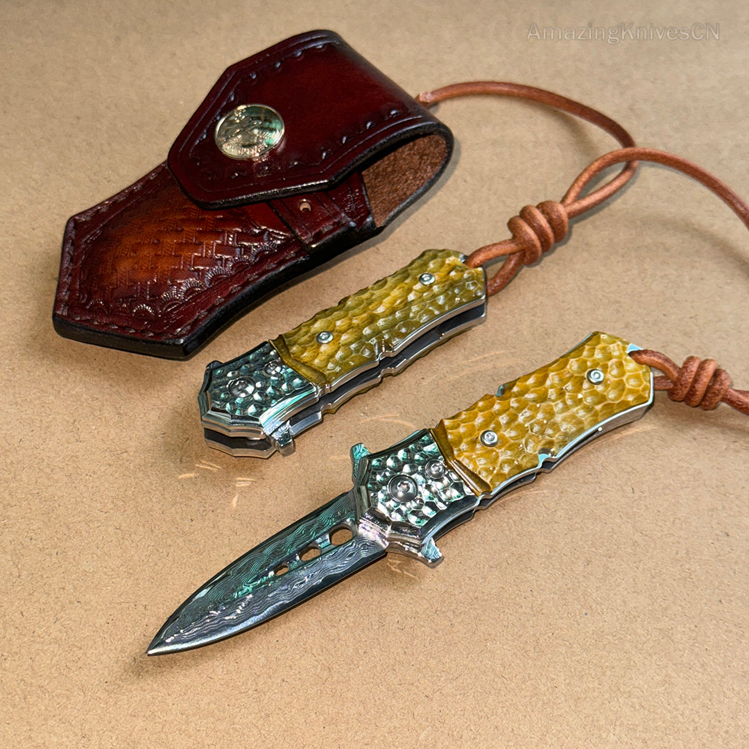 DAMASCUS FLIPPER FOLDING KNIFE DAGGER BONE HANDLE BALL BEARING - AK-HT0458