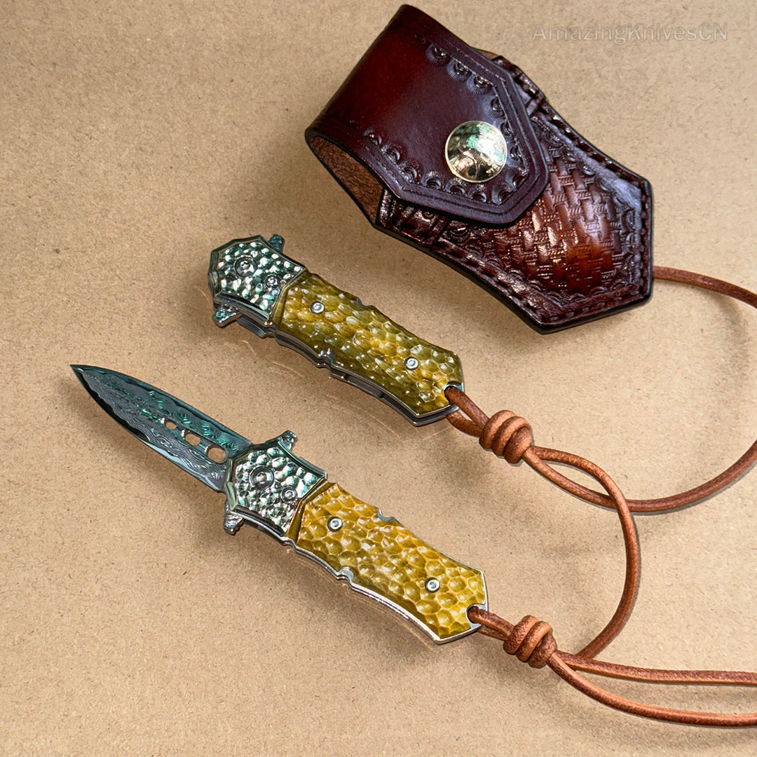 DAMASCUS FLIPPER FOLDING KNIFE DAGGER BONE HANDLE BALL BEARING - AK-HT0458